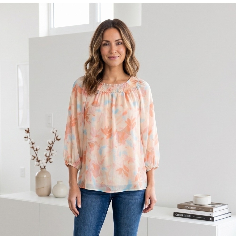 LC Lauren Conrad Blouse Women XS Peach Floral Smocked Neck Sheer Chiffon Peasant